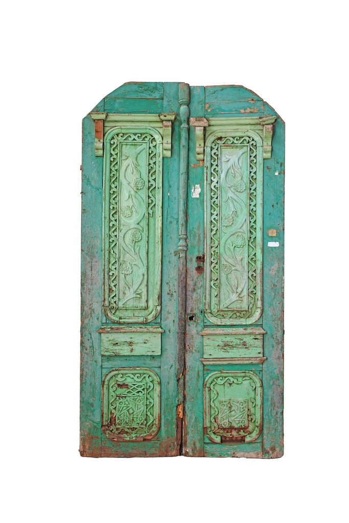 A tall panel door made of antique Azizi wood