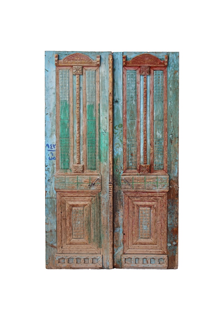 A solid panel door made from antique Azizi wood