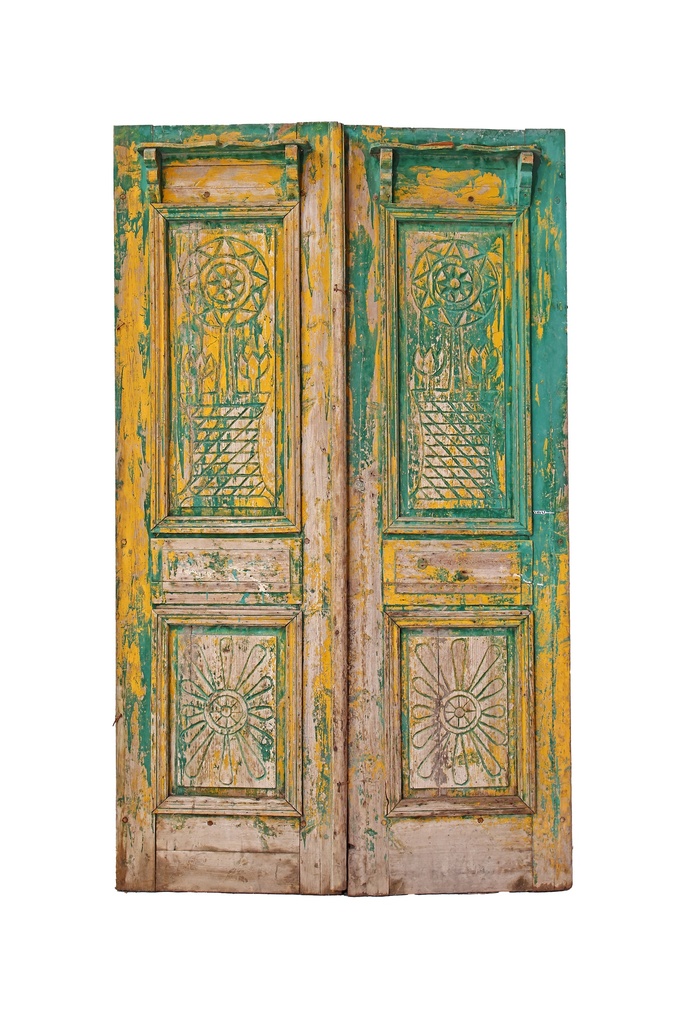 A solid panel door adorned with botanical motifs