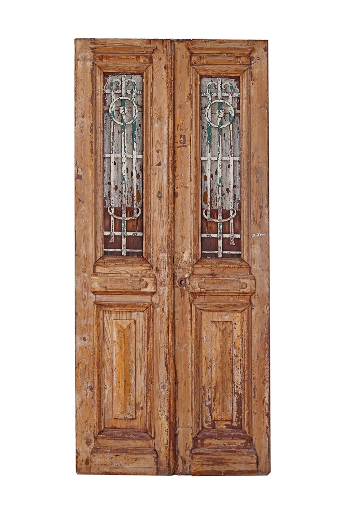 door with a wrought iron grille, crafted from antique Azizi wood