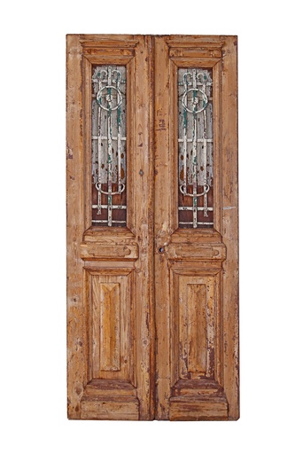 [PROD_0002190] door with a wrought iron grille, crafted from antique Azizi wood
