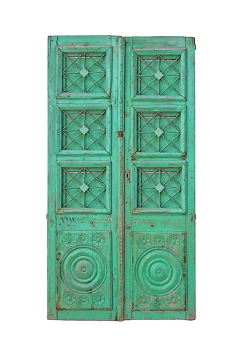 [PROD_0002191]  door with a wrought iron grille featuring geometric patterns